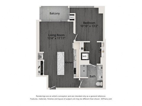 Floor plan for 1 bed, 1 bath, 740 sqft